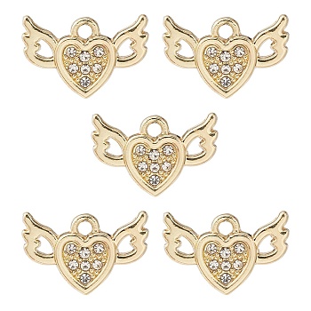 Rack Plating Alloy Charms, with Crystal Rhinestone, Cadmium Free & Nickel Free & Lead Free, Heart with Wing, Light Gold, 10x15x2mm, Hole: 1.5mm