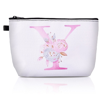 Flower & Letter Pattern Polyester Cosmetic Zipper Pouches, Clutch Bag, Toilet Bag for Women, White, Letter Y, 21.2x15.2x0.3cm