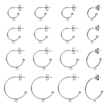 32Pcs 4 Size 304 Stainless Steel Stud Earring Findings, Half Hoop Earring Findings with Horizontal Loops, Round, Stainless Steel Color, 16~29x13.5~26x3mm, Hole: 1.6~1.8mm, Pin: 0.8mm, 8Pcs/size