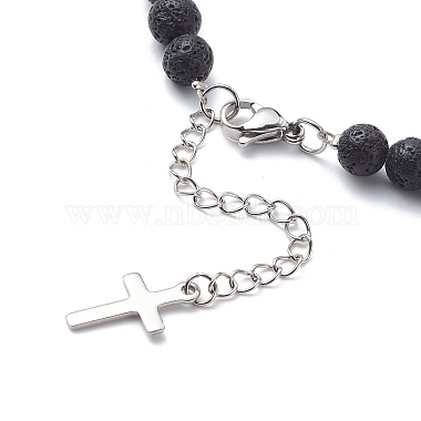Natural Lava Rock Beaded Necklace with Brass Cross Charms(NJEW-JN03975)-5