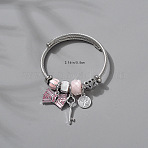 Adjustable Stainless Steel European Bangles, Charm Bangles for Women, Bowknot & Key, with Alloy & Rhinestone & Enamel, Pink, Inner Diameter: 2-1/8 inch(5.5cm)(FS-WGE9400-09)