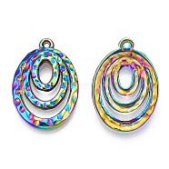 Ion Plating(IP) 304 Stainless Steel Pendants, Textured, Oval Charm, Rainbow Color, 29.5x20.5x3mm, Hole: 1.4mm(STAS-T063-215M)