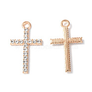 Alloy Crystal Rhinestone Pendants, Cross Charms, Cadmium Free & Lead Free, Light Gold, 25.5x15x2mm, Hole: 2mm(X-PALLOY-F288-03KCG)