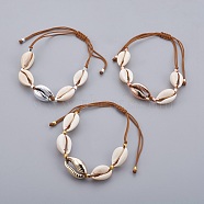 Cowrie Shell Beads Braided Bead Bracelets, with Polyester Cords, Electroplated Cowrie Shell Beads, 1-3/8 inch~3-5/8 inch(3.65~9.3cm)(BJEW-JB04042)
