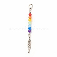 Chakra Theme Natural & Dyed Malaysia Jade Beaded Pendant Decorations, with Lobster Claw Clasps, Tibetan Style Alloy Pendants, Feather, Colorful, 74mm(HJEW-JM00641-01)