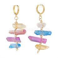 Brass Huggie Hoop Earrings, with Electroplated Natural Quartz Crystal Wire Wrapped Pendants, Nuggets, Dyed, Colorful, Golden, 60~66mm, Pin: 1mm(EJEW-JE04431)