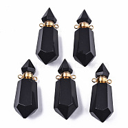 Faceted Natural Obsidian Pendants, Openable Perfume Bottle, with Golden Tone Brass Findings, Hexagon, 40~41.5x15x13.5mm, Hole: 1.8mm, Bottle Capacity: 1ml(0.034 fl. oz)(G-T131-15A)
