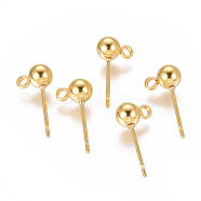 Vacuum Plating 304 Stainless Steel Stud Earring Findings, with Horizontal Loops, Ball, Real 18K Gold Plated, 16x5mm, Hole: 1.6mm, Pin: 0.8mm(STAS-F227-18C-G01)
