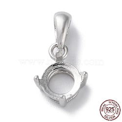 Rhodium Plated Rack Plating 925 Sterling Silver Pendants Cabochon Settings, 4-Prong Bezel Setting, Flat Round, with 925 Stamp, Real Platinum Plated, 14x8x5mm, Hole: 2.5x4.5mm(STER-NH0001-47P)