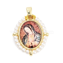 Rack Plating Brass Enamel Pendants, with Plastic Imitation Pearl, Long-Lasting Plated, Cadmium Free & Lead Free, Real 18K Gold Plated, Oval with Virgin Mary Charm, Indian Red, 28x22.5x6mm, Hole: 4.5x3.5mm(KK-C056-07G-09)
