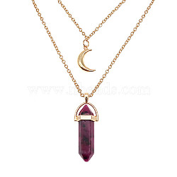 Dyed Natural Jasper Cone Pendant Double Layer Necklace, with Moon Charms, 19.69 inch(50cm)(UX9990-4)