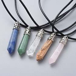 Pointed Natural Gemstone Pendant Necklaces, with Brass Findings, Cowhide Leather Cord and 304 Stainless Steel Lobster Claw Clasps, Bullet, 18.03 inch(45.8cm)(NJEW-JN02550)