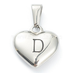 304 Stainless Steel Pendants, Heart with Black Letter, Stainless Steel Color, Letter.D, 16x16x4.5mm, Hole: 7x3mm(STAS-P278-01D-P)
