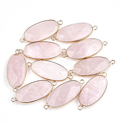 Natural Rose Quartz Links connectors, with Brass Findings, Faceted, Oval, Golden, 39x16x6mm, Hole: 2mm(X-G-S344-03G)