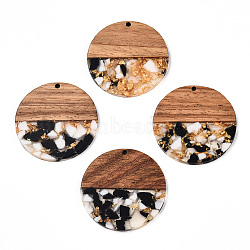 Transparent Resin & Walnut Wood Pendants, with Gold Foil, Flat Round Charms, Black, 38.5x3mm, Hole: 2mm(RESI-TAC0017-75-A01)