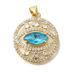 Brass Micro Pave Cubic Zirconia Pendants, Eye, Round Charms, with Jump Ring, Real 18K Gold Plated, 26x22.5x5.5mm, Hole: 5x3.5mm(KK-K389-041G)