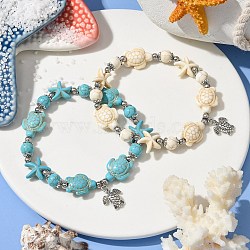 2Pcs 2 Colors Starfish & Turtle Dyed Synthetic Turquoise Beaded Stretch Bracelet Sets, Summer Alloy Charm Stackable Bracelets for Women, Mixed Color, Inner Diameter: 2-3/8 inch(6.1cm), 1pc/color(BJEW-JB10925)