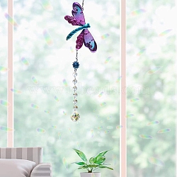 Glass Teardrop & Octagon Pendant Decorations, with Metal Dragonfly Link and Iron Findings, for Garden Outdoor Decoration, Dark Violet, 450mm(WG68694-01)
