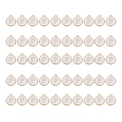 Golden Plated Alloy Charms, with Enamel, Enamelled Sequins, Flat Round, White, Letter.P, 14x12x2mm, Hole: 1.5mm, 50pcs/Box(ENAM-SZ0001-25A-P)