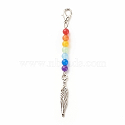 Chakra Theme Natural & Dyed Malaysia Jade Beaded Pendant Decorations, with Lobster Claw Clasps, Tibetan Style Alloy Pendants, Feather, Colorful, 74mm(HJEW-JM00641-01)