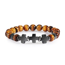 Round Natural Tiger Eye Beaded Stretch Bracelets, Cross Synthetic Non-magnetic Hematite Bracelets for Women Men(ED3000-8)