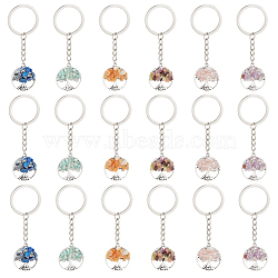 Flat Round with Tree of Life Tibetan Style Alloy & Gemstone Chip Keychians, with Iron Split Key Rings, 8.2cm, 6 style, 4pcs/style, 24pcs/set(KEYC-AR00001)