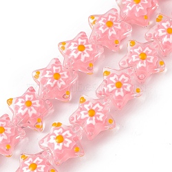 Handmade Lampwork Beads Strands, with Enamel, Star with Sakura Pattern, Pink, 13x13.5x12mm, Hole: 1mm, about 33pcs/strand, 14.72 inch(37.4cm)(LAMP-F029-03B)