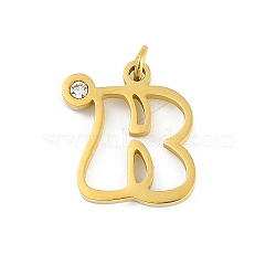 304 Stainless Steel Pendants, with Cubic Zirconia, Letter Charms with Jump Rings, Real 18K Gold Plated, Letter B, 19x17x2mm, Hole: 3mm(STAS-R137-01G-B)