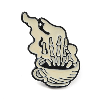 Enamel Pins, Black Alloy  Brooch, for Backpack Clothes, Skeleton Hand Coffee, 31x25x2mm