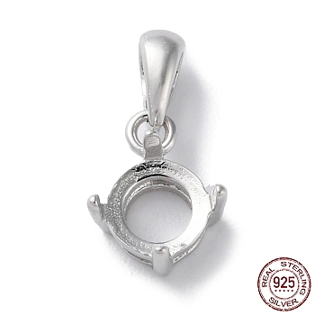 Rhodium Plated Rack Plating 925 Sterling Silver Pendants Cabochon Settings, 4-Prong Bezel Setting, Flat Round, with 925 Stamp, Real Platinum Plated, 14x8x5mm, Hole: 2.5x4.5mm