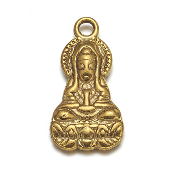 Tibetan Style Alloy Pendants, Bodhisattva, Cadmium Free & Nickel Free & Lead Free, Antique Golden, 26x14x4mm, Hole: 2mm