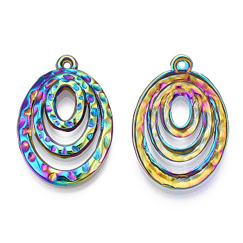 Ion Plating(IP) 304 Stainless Steel Pendants, Textured, Oval Charm, Rainbow Color, 29.5x20.5x3mm, Hole: 1.4mm