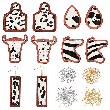 Olycraft DIY Cow Pattern Earring Making Kit, Including Horse & Cow & Bottle & Rectangle Cowhide Leather Big Pendants with Wood, Brass Earring Hooks, Coconut Brown, 90Pcs/box