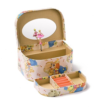 Hand Crank Musical Jewelry Cardboard Boxes, 2 Layer Storage Boxes with Pink Dancer and Mirror inside, for Girl's Gift, Rectangle with Pattern, Bear Pattern, 16.8x12.8x7.8cm