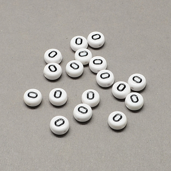 White and Black Acrylic Horizontal Hole Letter Beads, Flat Round with Letter.O, 7x4mm, Hole: 1.3mm, about 3600pcs/500g