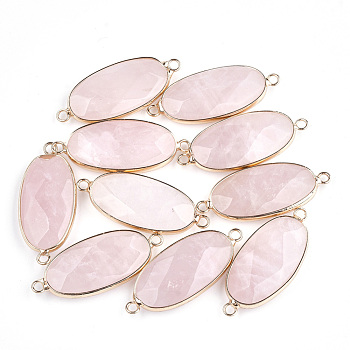 Natural Rose Quartz Links connectors, with Brass Findings, Faceted, Oval, Golden, 39x16x6mm, Hole: 2mm