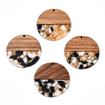 Transparent Resin & Walnut Wood Pendants, with Gold Foil, Flat Round Charms, Black, 38.5x3mm, Hole: 2mm
