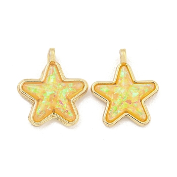 Translucent Resin Pendants, Rack Plating Brass Star Charms with Gold Foil, Real 18K Gold Plated, Long-Lasting Plated, Cadmium Free & Lead Free, Gold, 17x14x5.5mm, Hole: 1.5mm