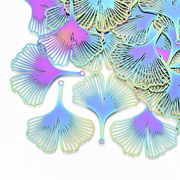Ion Plating(IP) 201 Stainless Steel Filigree Pendants, Etched Metal Embellishments, Ginkgo Leaf, Rainbow Color, 40x36x0.3mm, Hole: 1.6mm