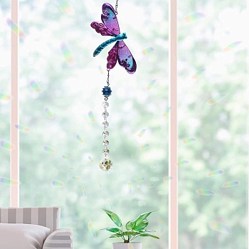 Glass Teardrop & Octagon Pendant Decorations, with Metal Dragonfly Link and Iron Findings, for Garden Outdoor Decoration, Dark Violet, 450mm