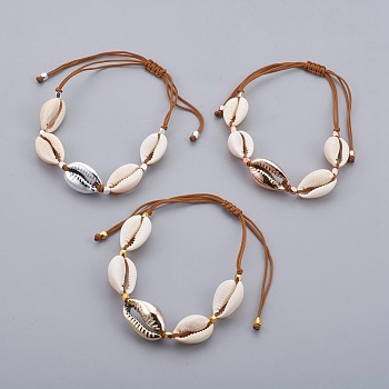 Cowrie Shell Beads Braided Bead Bracelets, with Polyester Cords, Electroplated Cowrie Shell Beads, 1-3/8 inch~3-5/8 inch(3.65~9.3cm)
