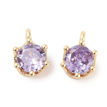 Brass Micro Pave Cubic Zirconia Charms, Flat Round, Real 18K Gold Plated, Lilac, 8x6x4.8mm, Hole: 1.6mm