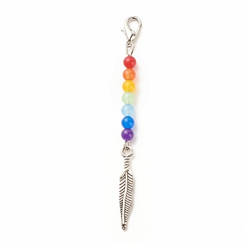 Chakra Theme Natural & Dyed Malaysia Jade Beaded Pendant Decorations, with Lobster Claw Clasps, Tibetan Style Alloy Pendants, Feather, Colorful, 74mm