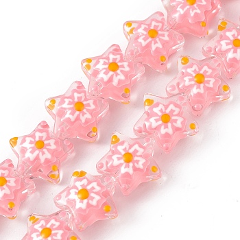 Handmade Lampwork Beads Strands, with Enamel, Star with Sakura Pattern, Pink, 13x13.5x12mm, Hole: 1mm, about 33pcs/strand, 14.72 inch(37.4cm)