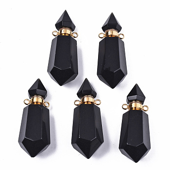 Faceted Natural Obsidian Pendants, Openable Perfume Bottle, with Golden Tone Brass Findings, Hexagon, 40~41.5x15x13.5mm, Hole: 1.8mm, Bottle Capacity: 1ml(0.034 fl. oz)