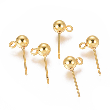 Vacuum Plating 304 Stainless Steel Stud Earring Findings, with Horizontal Loops, Ball, Real 18K Gold Plated, 16x5mm, Hole: 1.6mm, Pin: 0.8mm