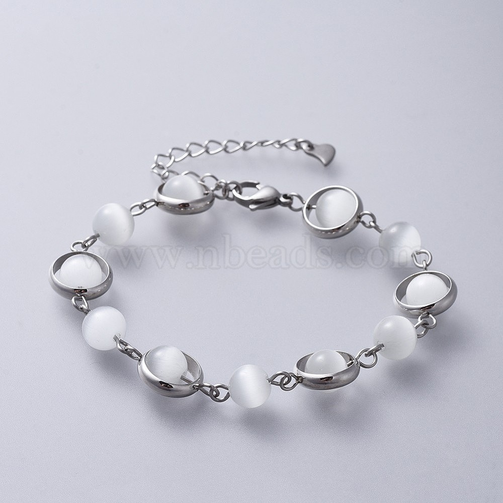 Cat Eye Beaded Bracelets With Brass Bead Frames And 304 Stainless Steel Findings White 7 3 8 Inches 18 7cm 4 12mm