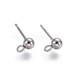 Non-Tarnish 304 Stainless Steel Stud Earring Findings, with Loop, Round, Stainless Steel Color, 15mm, Hole: 1.8mm, Pin: 0.8mm(STAS-L221-10P)