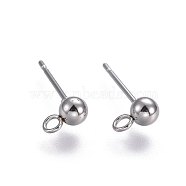 304 Stainless Steel Stud Earring Findings, with Loop, Round, Stainless Steel Color, 15mm, Hole: 1.8mm, Pin: 0.8mm(STAS-L221-10P)