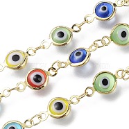 3.28 Feet Handmade Evil Eye Lampwork Link Chains, Soldered, with Brass Findings, Long-Lasting Plated, Flat Round, Golden, Mixed Color, 13x7x2.5mm, Hole: 1.5mm(X-CHC-F009-01B-G)